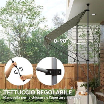 Outsunny Tenda da Sole 2x1.2 m con Supporti Regolabili e Manovella, in Alluminio, Metallo e Poliestere, Verde e Bianco