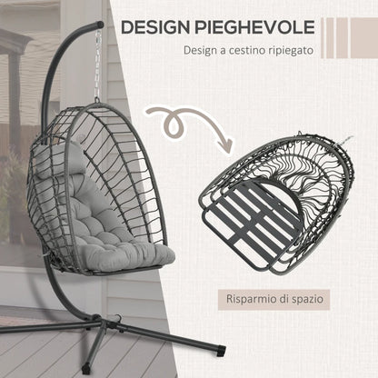 Outsunny Poltrona Sospesa in Rattan PE con Cuscino, Seduta Pieghevole e Struttura in Acciaio, Grigio