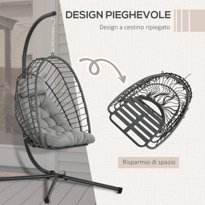 Outsunny Poltrona Sospesa in Rattan PE con Cuscino, Seduta Pieghevole e Struttura in Acciaio, Grigio