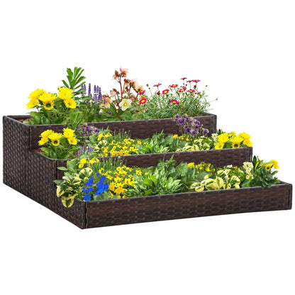 Outsunny Orto Rialzato a 3 Livelli in Rattan Sintetico senza Fondo per Piante e Verdure, 120x120x40cm, Grigio
