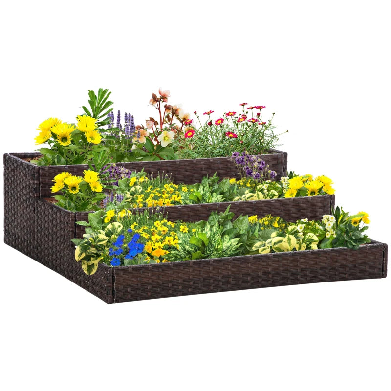 Outsunny Orto Rialzato a 3 Livelli in Rattan Sintetico senza Fondo per Piante e Verdure, 120x120x40cm, Grigio