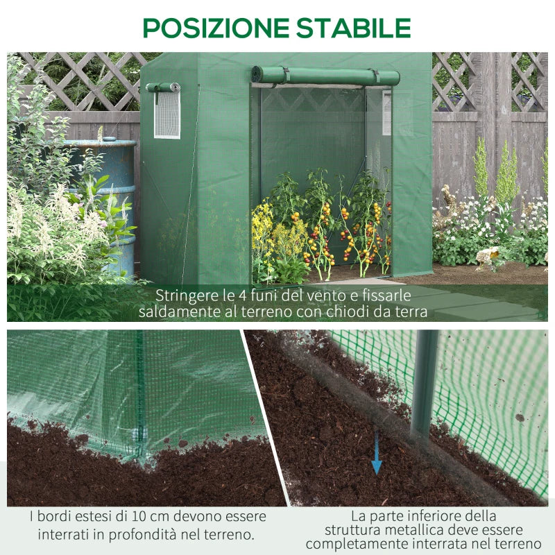 Outsunny Serra da Giardino in PE e Acciaio con 4 Picchetti, 2 Finestre e Copertura Rinforzata, 200x77x148-169cm