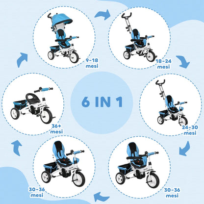 HOMCOM Triciclo per Bambini con Maniglione 6 in 1, Tettuccio Regolabile e Cintura di Sicurezza, Età 1-5 Anni, Blu