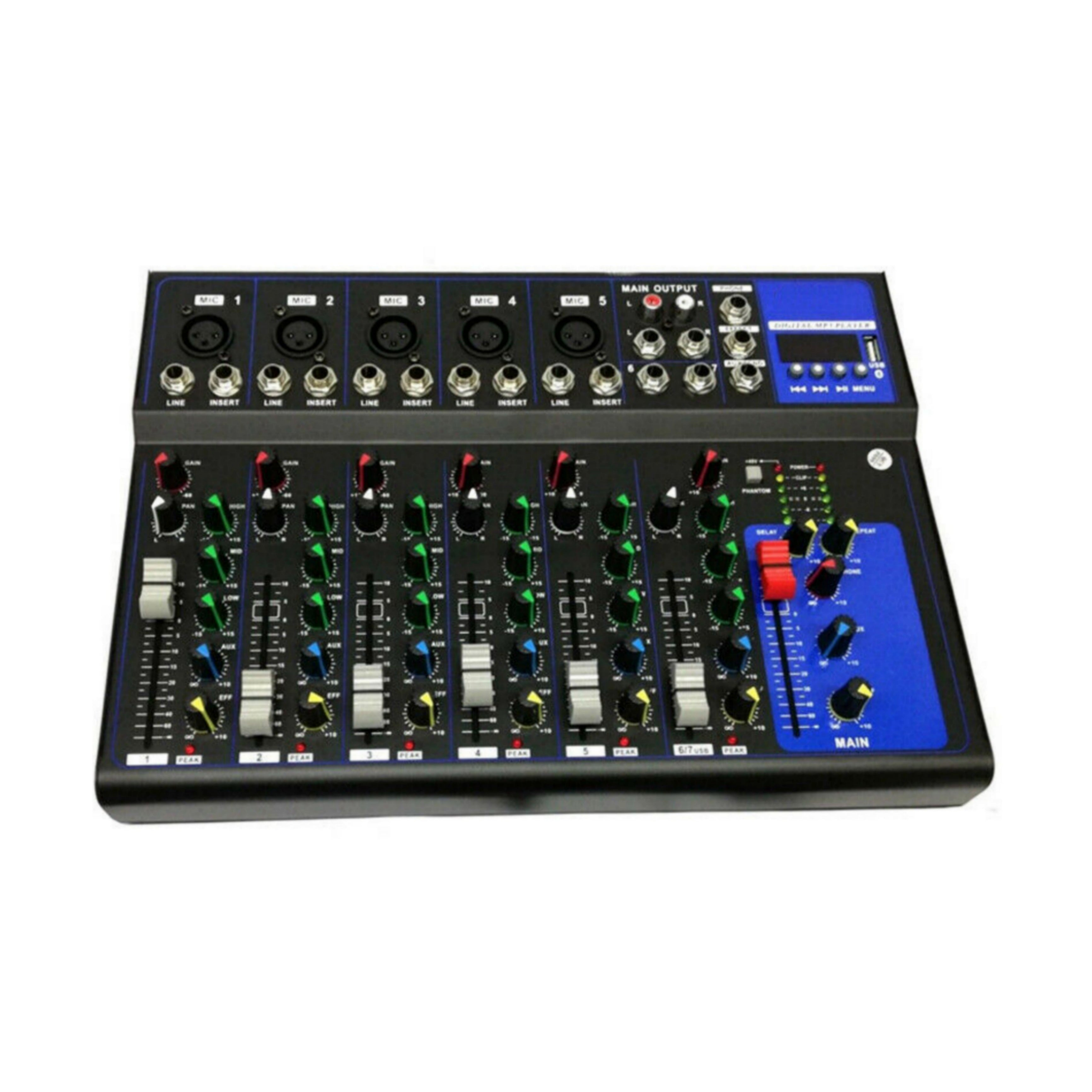 Mélangeur Bluetooth - USB etc. 7 canaux professionnels, DEUX MICROPHONES EN CADEAU !