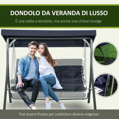 Outsunny Dondolo da Giardino 3 Posti con Cuscini, Seduta Chaise Longue e Tettuccio, 198x118x168 cm, Blu Scuro