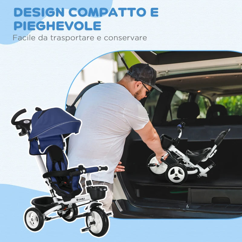 HOMCOM Triciclo Passeggino per Bambini con Maniglione, Parasole Regolabile e Cintura di Sicurezza, Blu Scuro