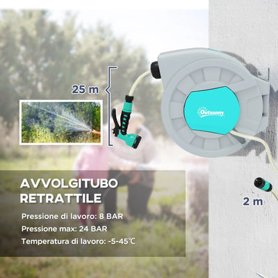 Outsunny Avvolgitubo Automatico a Parete e Portatile Lunghezza 25+2 m, Sistema di Blocco e 7 Getti, Grigio