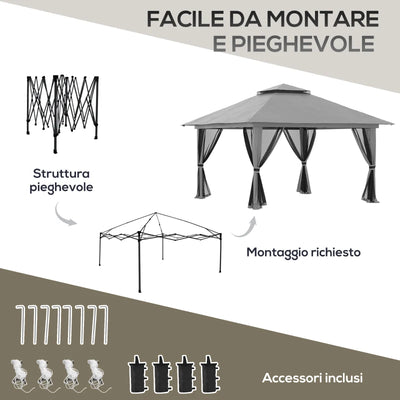 Outsunny Gazebo Pieghevole 4x4 con Borsa da Trasporto, Picchetti, Funi e Sacchi di Sabbia Inclusi, 392x392x283 cm, Grigio