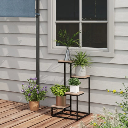 Outsunny Scaffale per Piante a 4 Livelli in Acciaio e Legno, 40x40x75.5 cm, Marrone e Nero