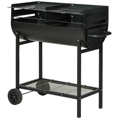 Outsunny Barbecue in Acciaio con 2 Griglie Indipendenti, 2 Ruote e Ripiano Inferiore | Nero | 90cm x 45cm x 96cm