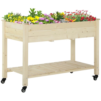 Outsunny Letto per Orto Rialzato in Legno con Rotelle e Ripiano Inferiore, 118x55x83cm, Legno Naturale