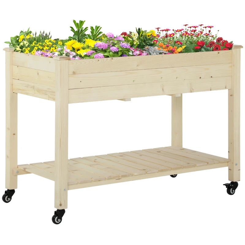 Outsunny Letto per Orto Rialzato in Legno con Rotelle e Ripiano Inferiore, 118x55x83cm, Legno Naturale