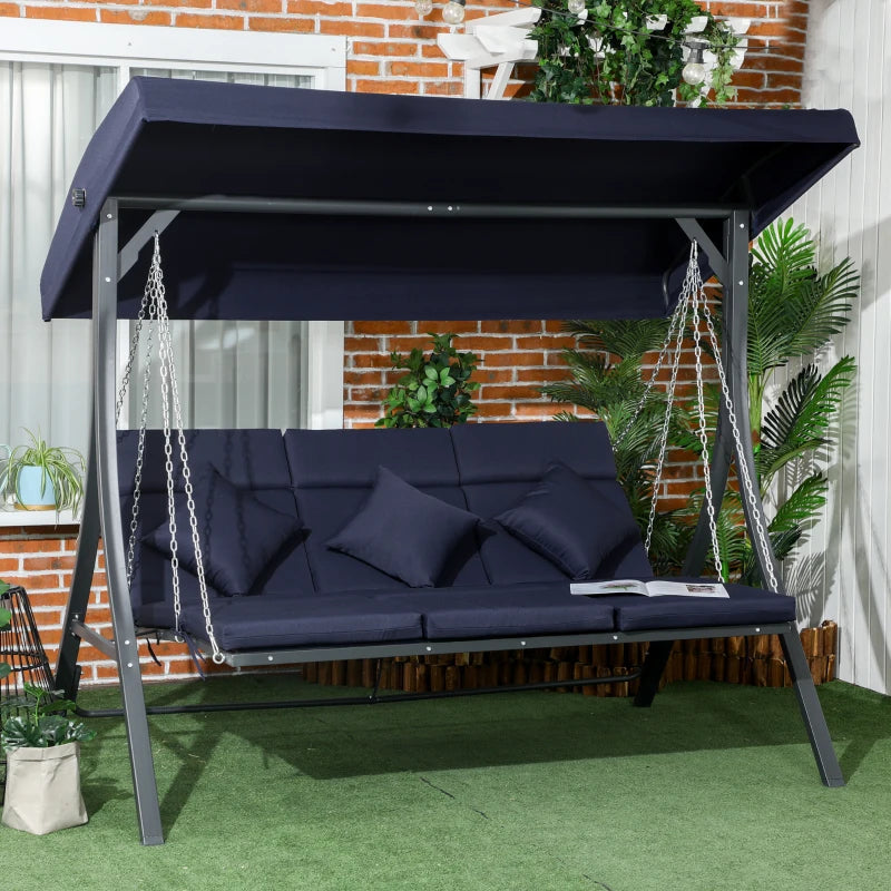 Outsunny Dondolo da Giardino 3 Posti con Cuscini, Seduta Chaise Longue e Tettuccio, 198x118x168 cm, Blu Scuro
