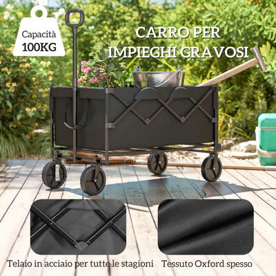 Outsunny Carrello da Giardino 160L Pieghevole con Manico Regolabile, Capacità 100 kg, 95x55x102 cm, Nero