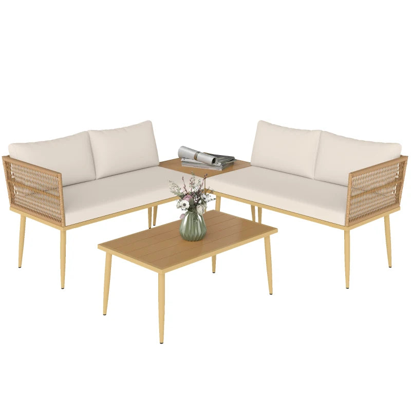 Outsunny Set Salotto da Esterno in Rattan PE con 2 Divani a 2 Posti con Cuscini e 2 Tavoli da Caffè, Colore Legno