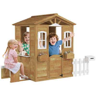 Outsunny Casetta per Bambini in Legno con Finestre, Staccionata e Panca, 205x119x140 cm, Legno Naturale