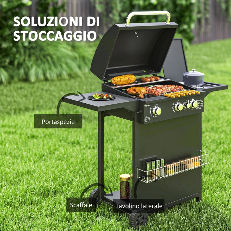 Outsunny Barbecue a Gas con Bruciatori Indipendenti, Coperchio con Termometro e Tavolino Laterale, Nero