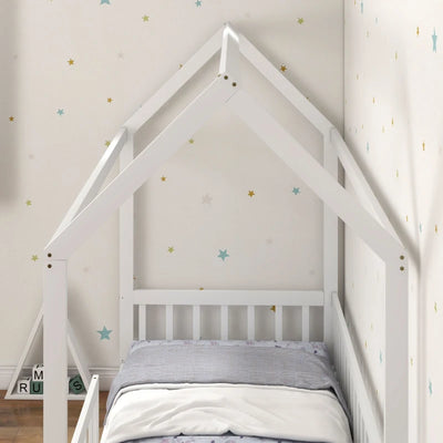 HOMCOM Struttura Letto per Bambini a Forma di Casetta con Doghe e Recinzione, in Legno di Pino, 96x195x165 cm, Bianco