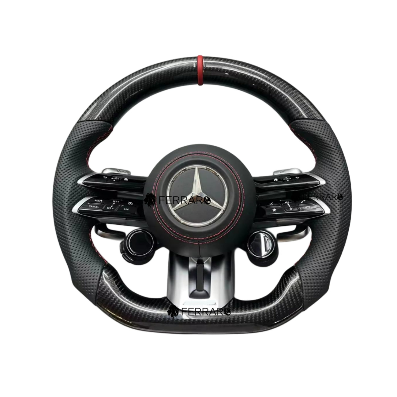 Volante per Mercedes, Carbonio Diagonale, Etichetta Rossa, Punzonatura, Galvanica, Linea Rossa, Pomelli AMG