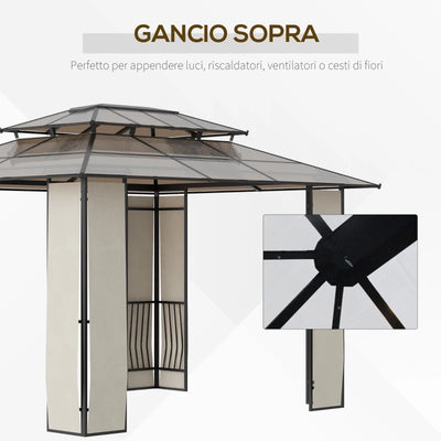 Outsunny Gazebo da Giardino 3.7x3m con Tetto in Policarbonato a 2 Livelli, Acciaio e Alluminio, Marrone