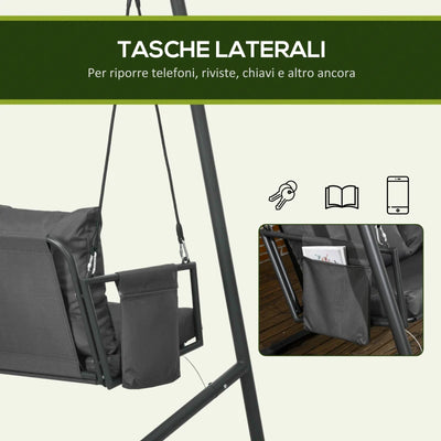Outsunny Dondolo da Giardino 2 Posti con Cuscini e Tasche, in Acciaio e Textilene, 168x117x181 cm, Grigio Scuro