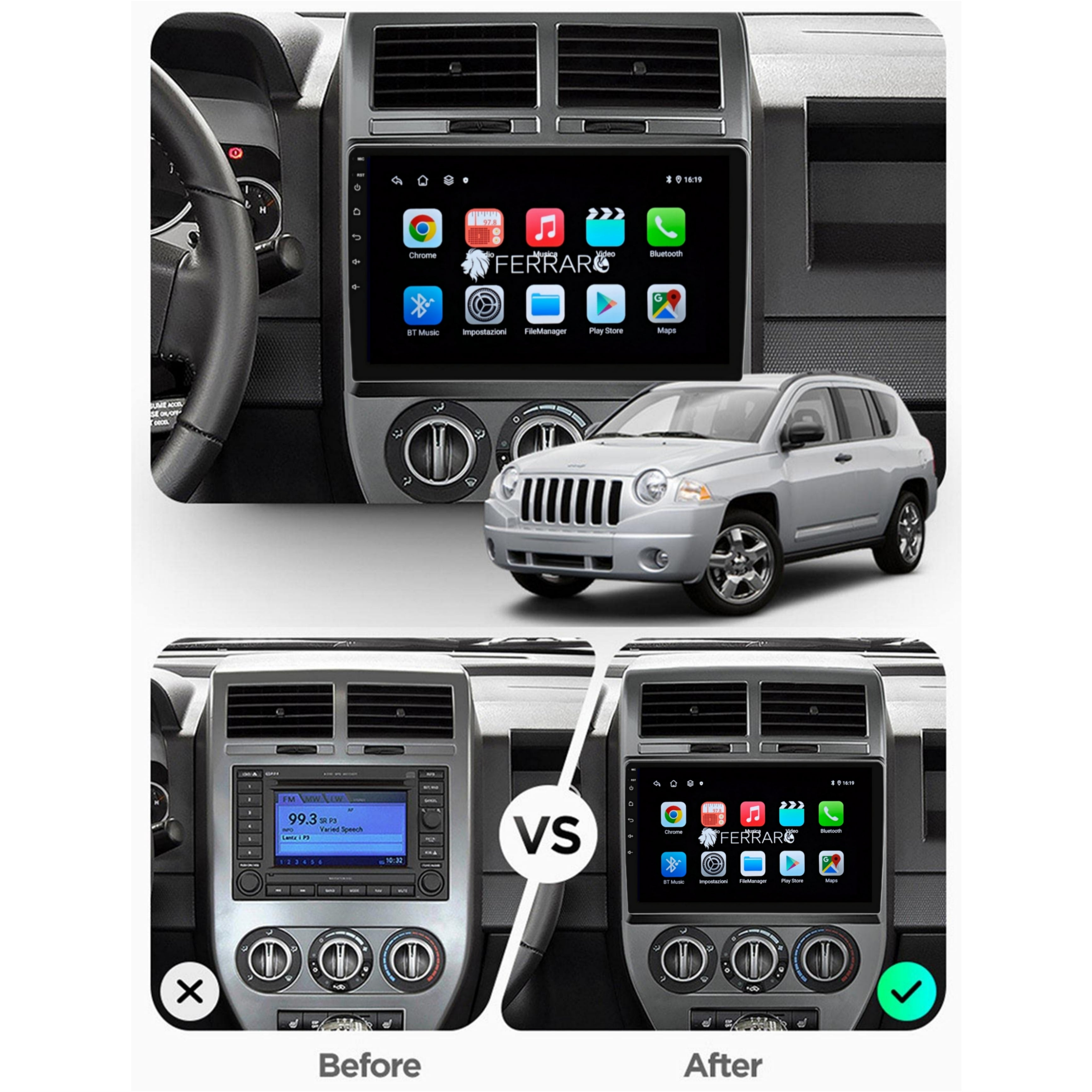 Autoradio per Jeep Compass Patriot 10.1" | 2007-2009 | Android | Bluetooth | CarPlay | Android Auto | 2GB/4GB/8GB Ram