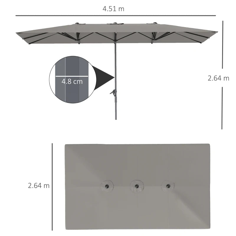 Outsunny Ombrellone Doppio da Giardino 4.5x2.6 m, Apertura a Manovella e 12 Stecche, Grigio