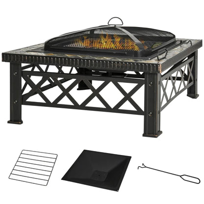 Outsunny Braciere da Giardino con Coperchio Parascintille e Griglia per Barbecue in Metallo 76x76x47cm Nero