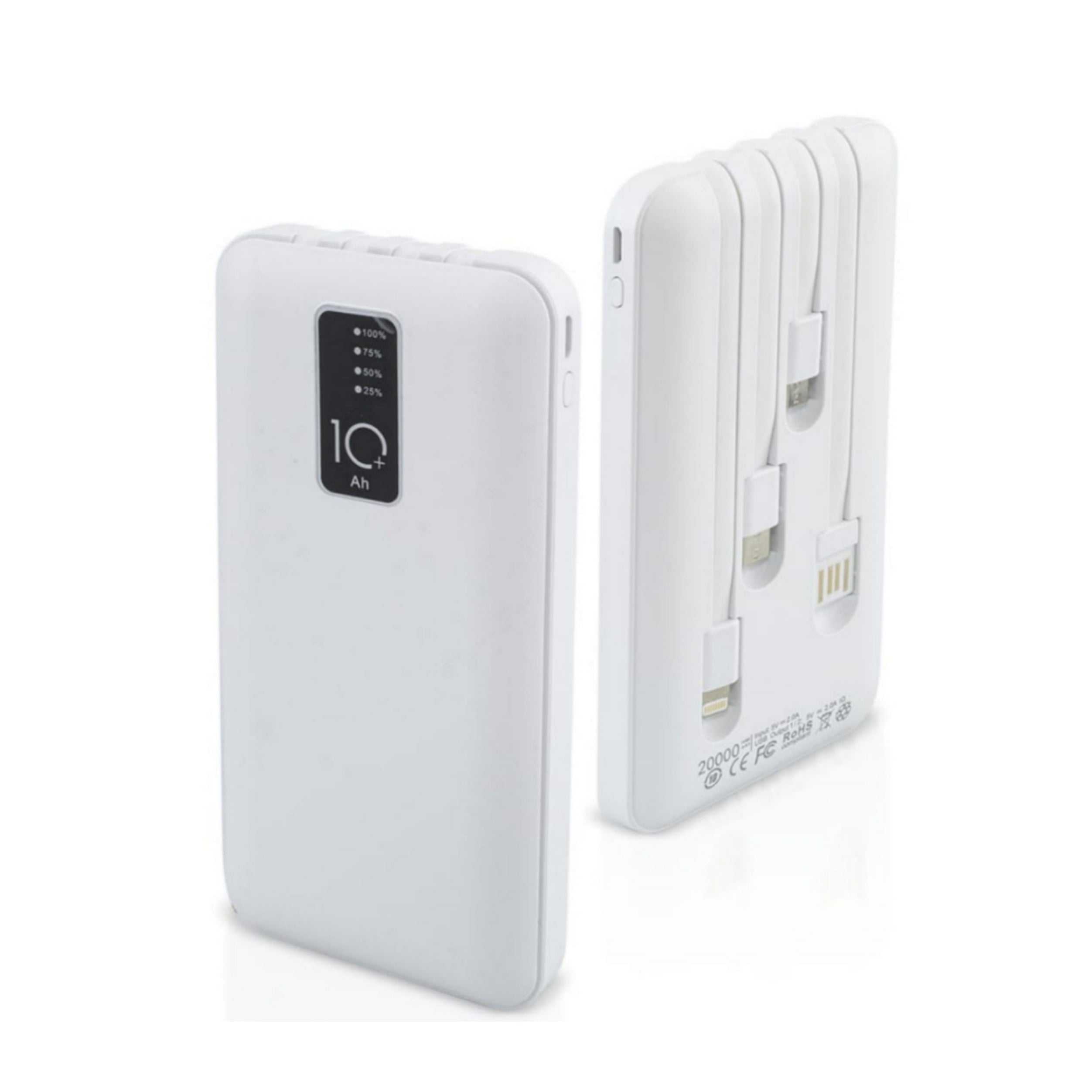Chargeur de batterie portable Powerbank - Avec 4 câbles de charge inclus Matière : ABS et Aluminium Dimensions : 14x7x1,5 cm