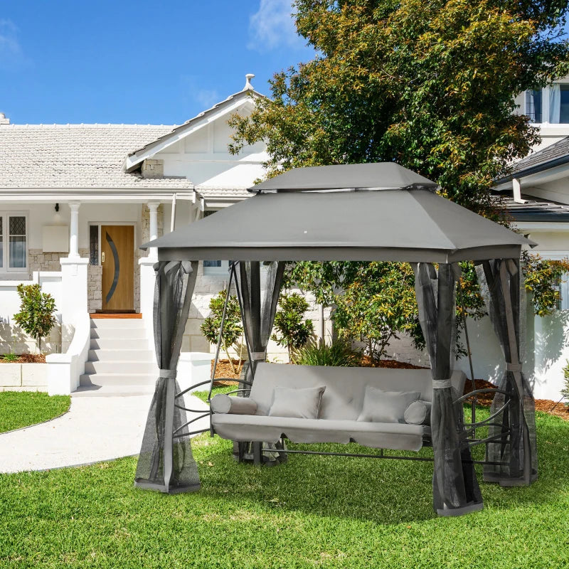 Outsunny Dondolo da Giardino 3 Posti Lettino e Gazebo Design 3 in 1 con Tettuccio, 256x172x248 cm, Grigio Scuro