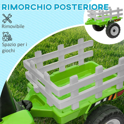 HOMCOM Trattore Elettrico per Bambini 3-6 Anni con Rimorchio Rimovibile, Batteria 12V e Telecomando, Verde