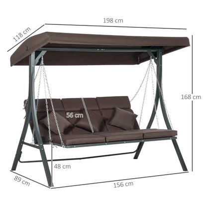 Outsunny Dondolo da Giardino 3 Posti con Cuscini, Seduta Chaise Longue e Tettuccio, 198x118x168 cm, Marrone