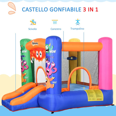 Outsunny Casa Gioco Castello Gonfiabile Gigante per Bambini 3-8 anni Trampolino Rimbalzante Colorato con Scivolo e Canestro 250cmx180cmx175cm