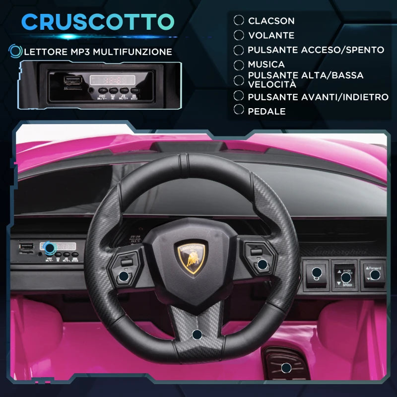 HOMCOM Macchina Elettrica per Bambini 3-5 Anni Lamborghini 12V con Telecomando e Velocità 3-5km/h, Rosa