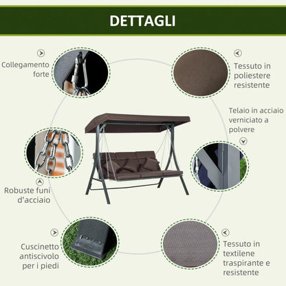 Outsunny Dondolo da Giardino 3 Posti con Cuscini, Seduta Chaise Longue e Tettuccio, 198x118x168 cm, Marrone
