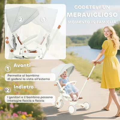AIYAPLAY Triciclo per Bambini 5 in 1 con Maniglione di Spinta e Copertura Rimovibile, 96.5x49x101 cm, Bianco Crema