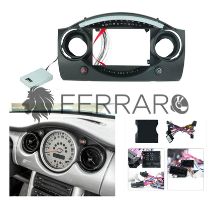 Kit Montaggio Autoradio 9"Pollici Mini Cooper R50, R52, R53 (2000-2006), Mascherina, Cablaggio per Autoradio Android