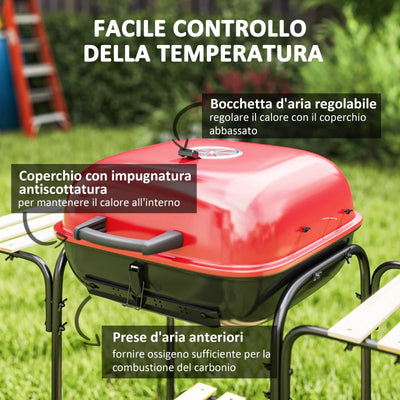 Outsunny Barbecue a Carbone con 3 Ripiani e Ruote, Coperchio con Presa d'Aria Regolabile, Rosso