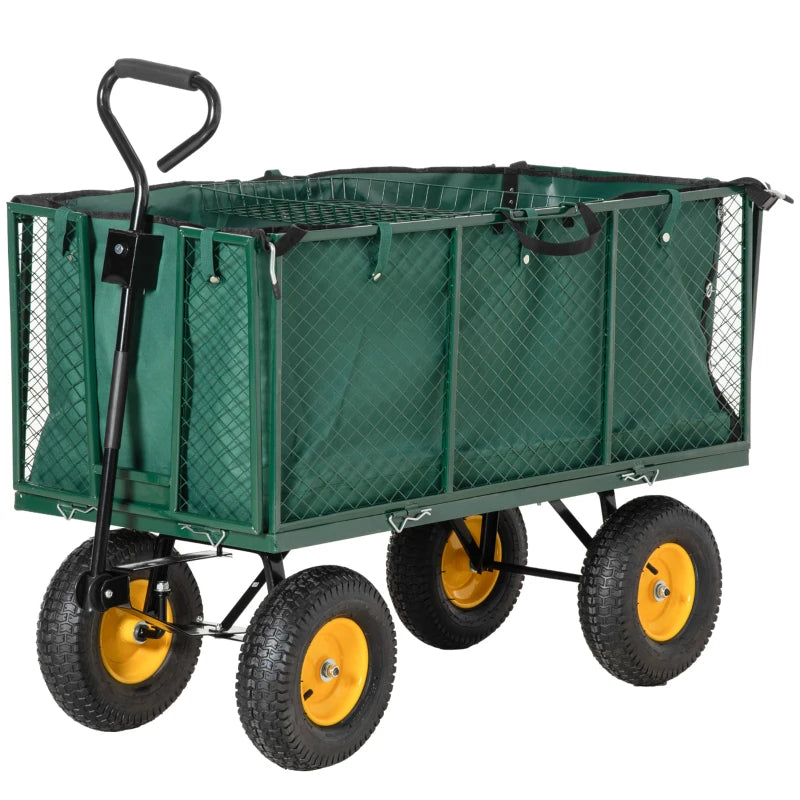 Outsunny Carrello da Giardino in Acciaio con Pareti Laterali Ribaltabili e 4 Ruote, Capienza 342L, Verde