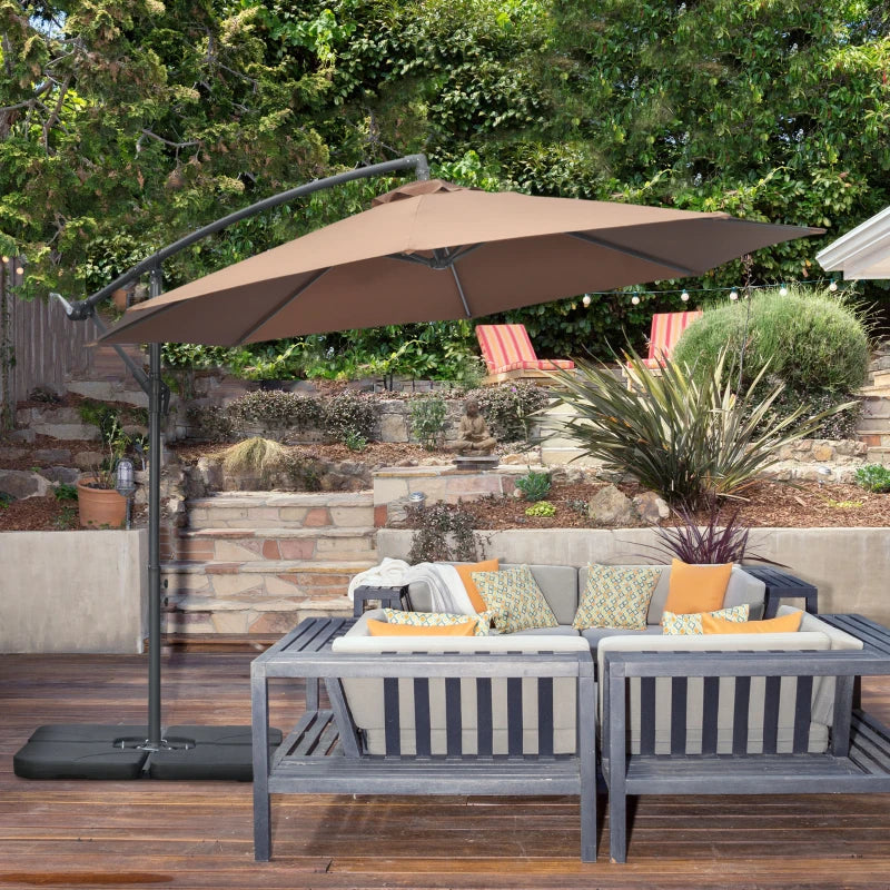 Outsunny Ombrellone Decentrato a 6 Stecche con Manovella e Base a Croce, in Metallo e Poliestere, Ø292x247 cm, Caffè