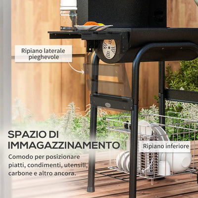 Outsunny Barbecue a Carbone con Coperchio, Termometro e Camino, Ripiani e Ruote, Nero