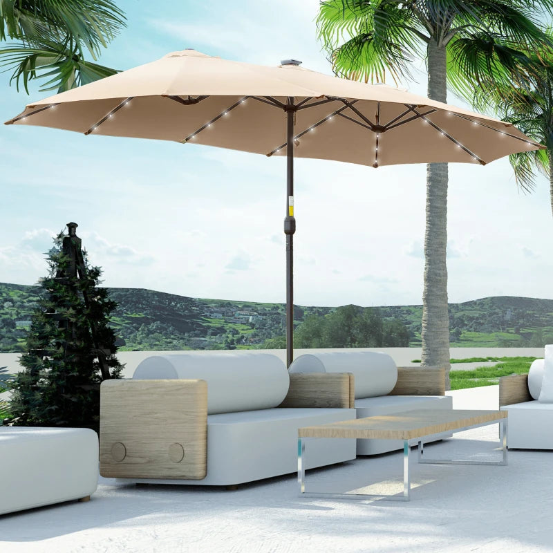 Outsunny Ombrellone da Giardino Doppio 4.5m con 48 Luci LED e Manovella, Cachi