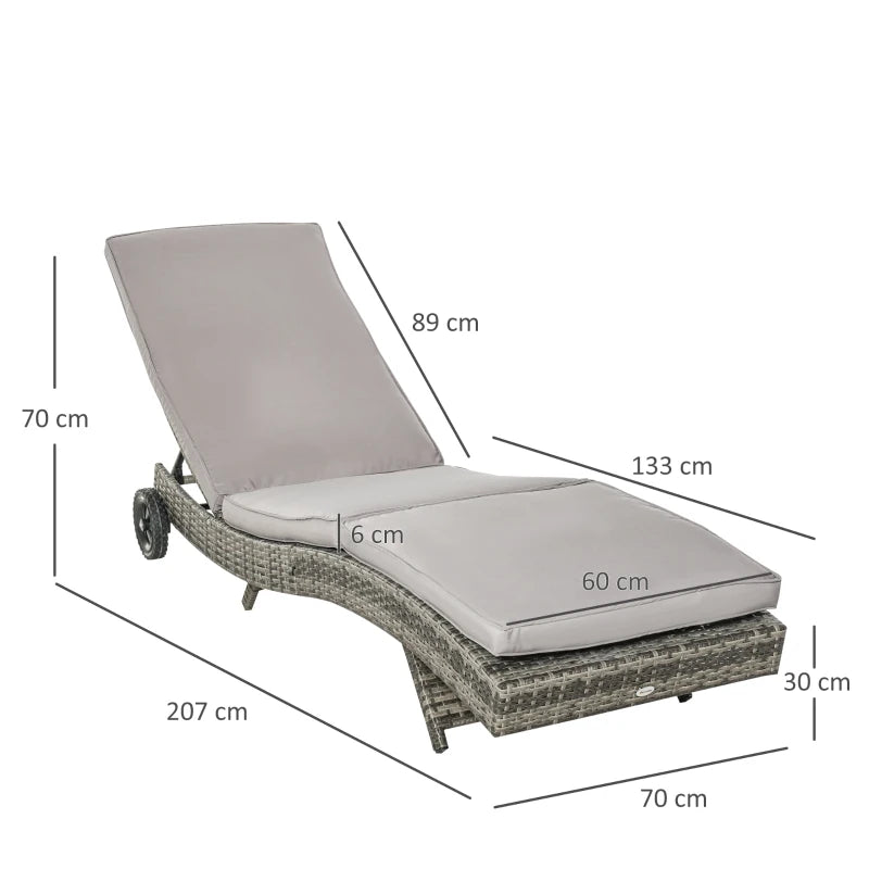 Outsunny Sdraio da Giardino in Rattan PE con Schienale Regolabile e Cuscino, 207x70x70cm, Grigio