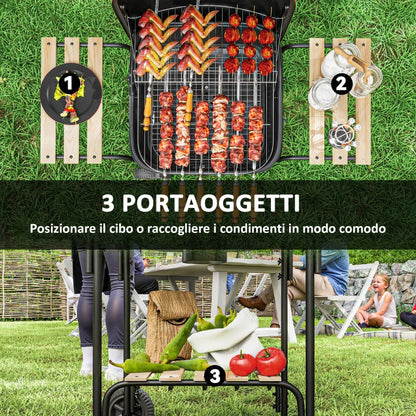 Outsunny Barbecue a Carbone con 3 Ripiani e Ruote, Coperchio con Presa d'Aria Regolabile, Rosso