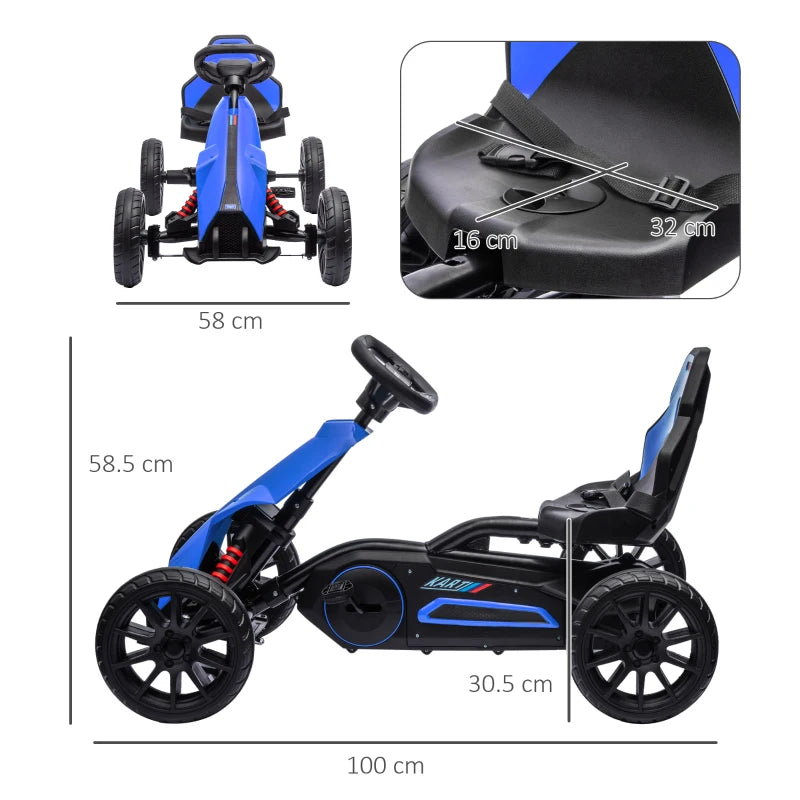 HOMCOM Go Kart a Pedali per Bambini 3-8 Anni con Sedile Regolabile e Ruote in EVA, 100x58x58.5 cm, Blu