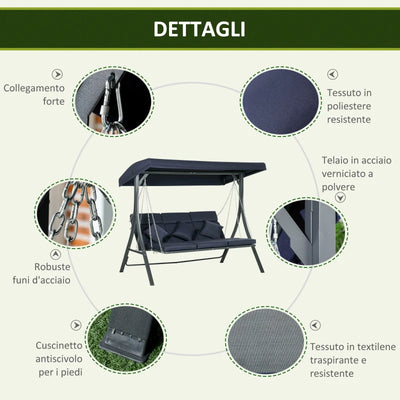 Outsunny Dondolo da Giardino 3 Posti con Cuscini, Seduta Chaise Longue e Tettuccio, 198x118x168 cm, Blu Scuro