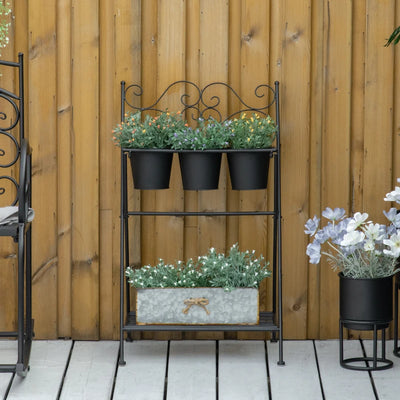 Outsunny Portapiante in Metallo Pieghevole con 3 Vasi e Ripiano Inferiore per Casa e Giardino, 47x37x78.5cm, Nero