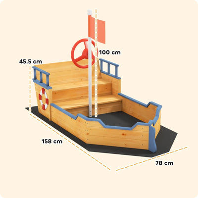 Outsunny Sabbiera per Bambini in Legno a Forma di Nave dei Pirati con Vano Contenitore, 158x78x45.5 cm