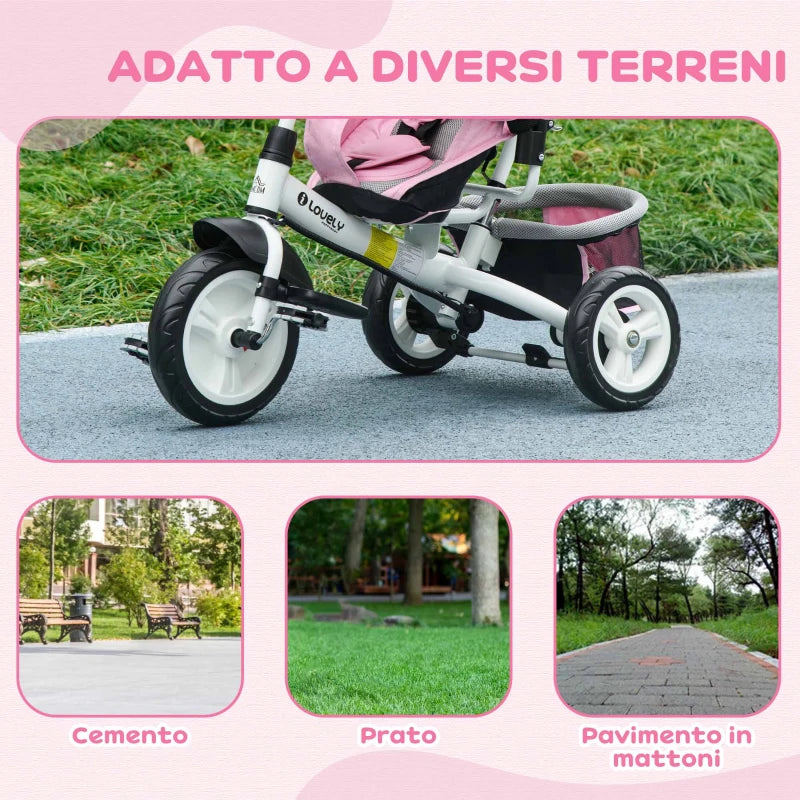 HOMCOM Triciclo per Bambini 1-5 Anni con Maniglione e Tettuccio Regolabile, 102x49x102 cm, Bianco e Rosa
