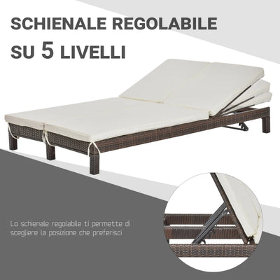 Outsunny Lettino Prendisole a 2 Posti, Sdraio in Acciaio e Rattan, Schienale Regolabile, 196 x 120 x 28cm Marrone e Bianco Crema